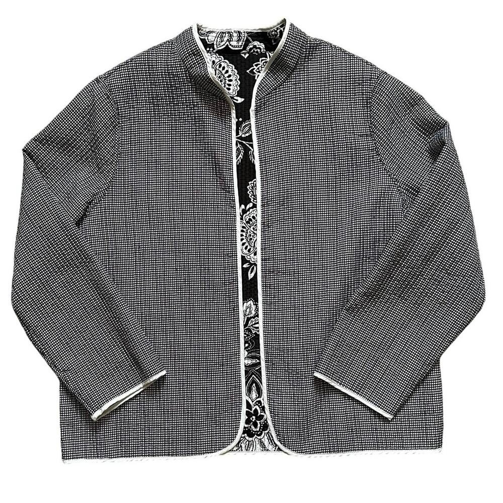 Cottagecore Boho Reversible Quilted Floral Jacket Black White Open Front M M/L - Picture 2 of 4